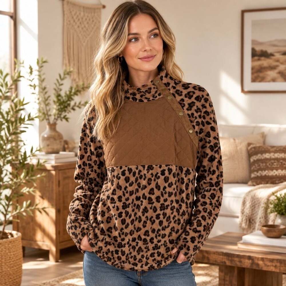 MarleyLilly Fleece Pullover Size M Leopard Quilted Snap